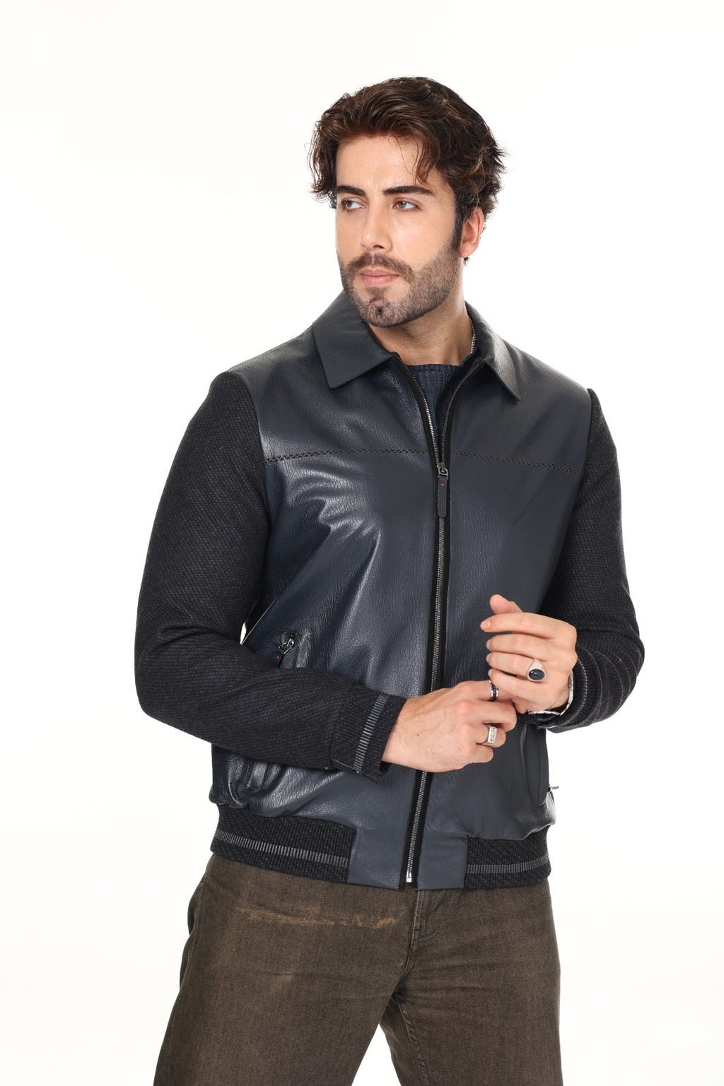 Navy Cashmere Leather Jacket