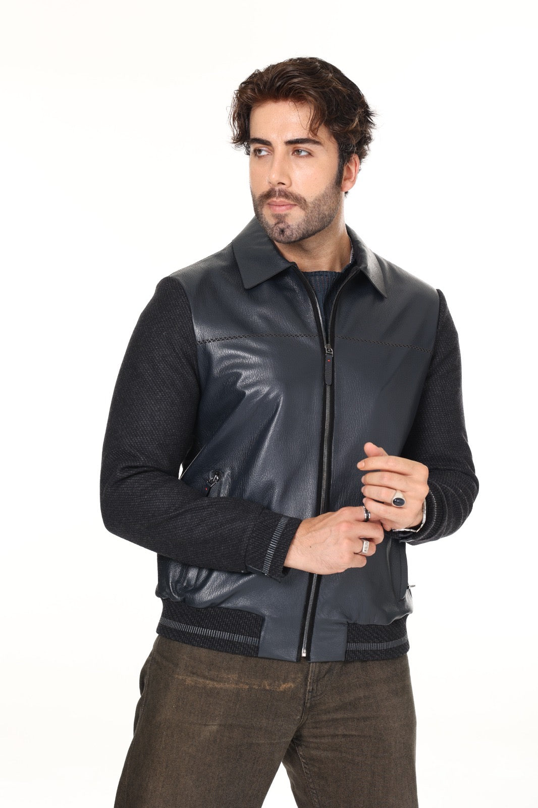 Navy Cashmere Leather Jacket