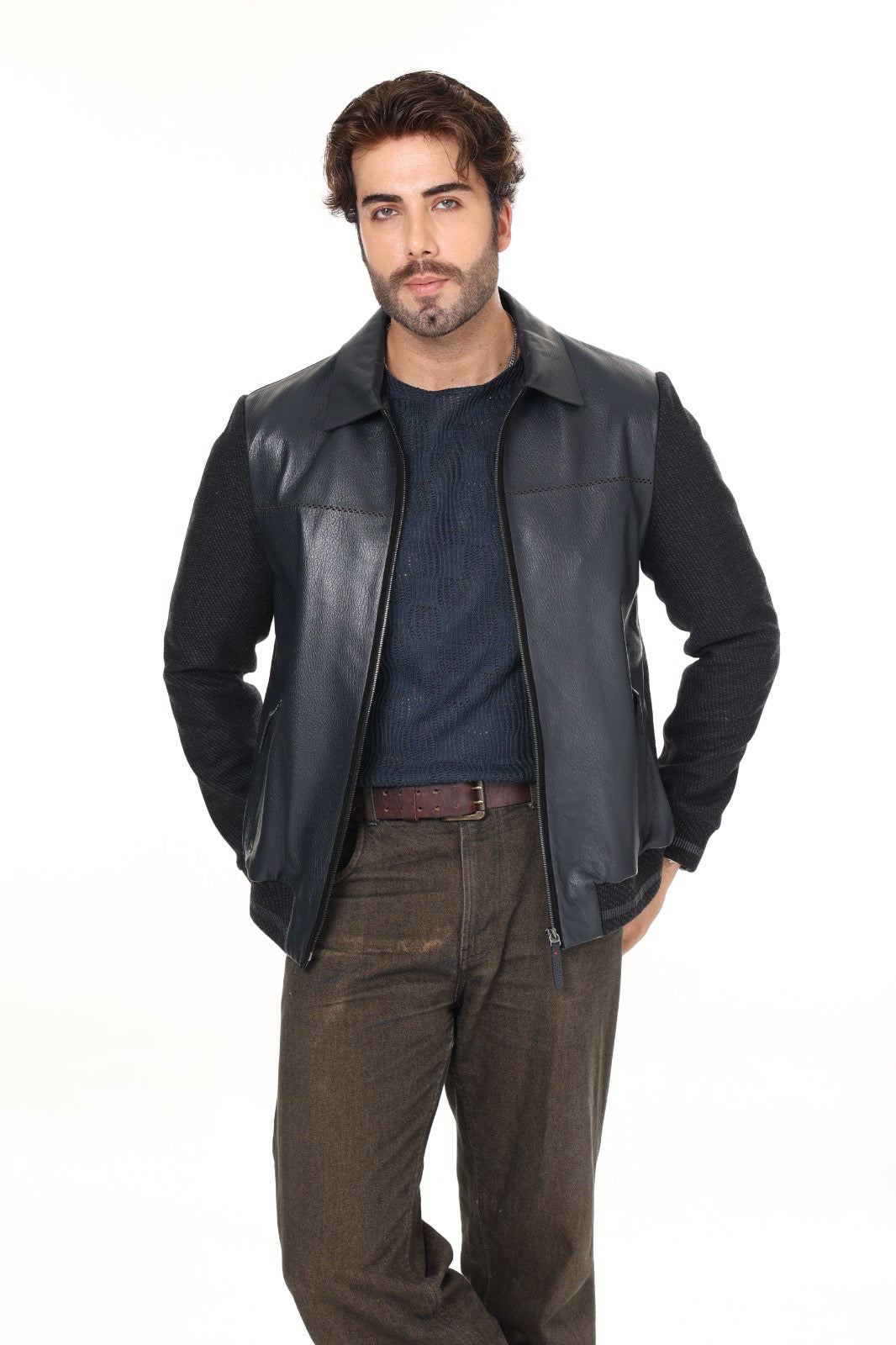 Navy Cashmere Leather Jacket