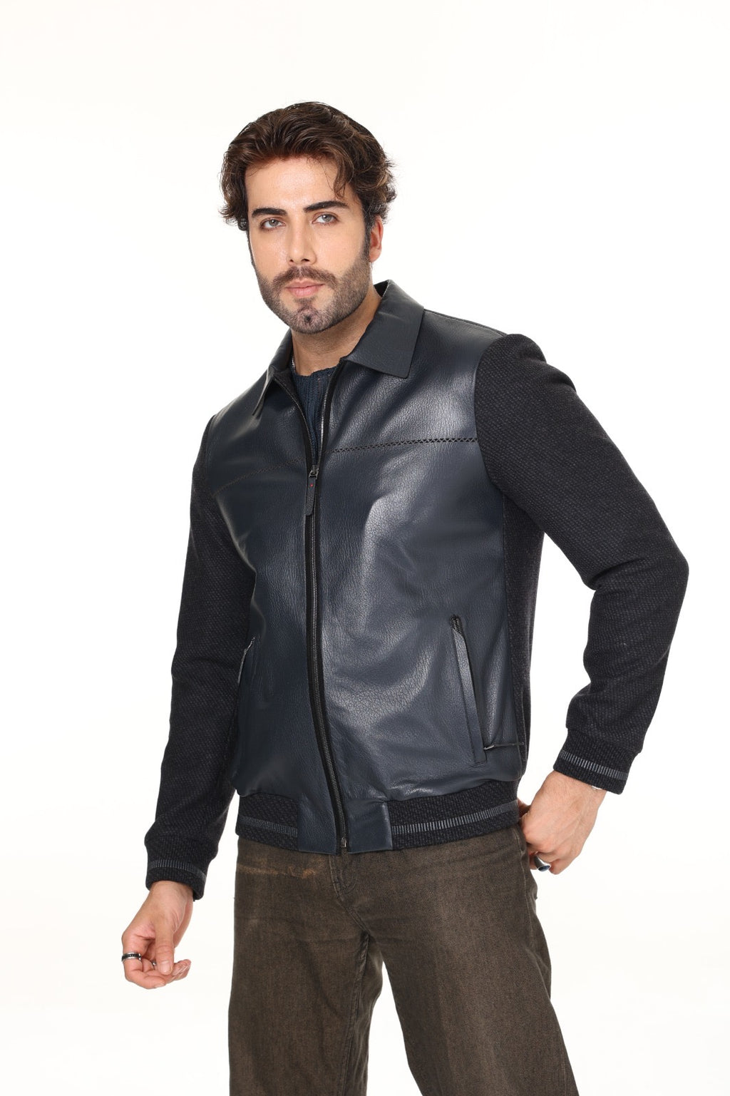 Navy Cashmere Leather Jacket